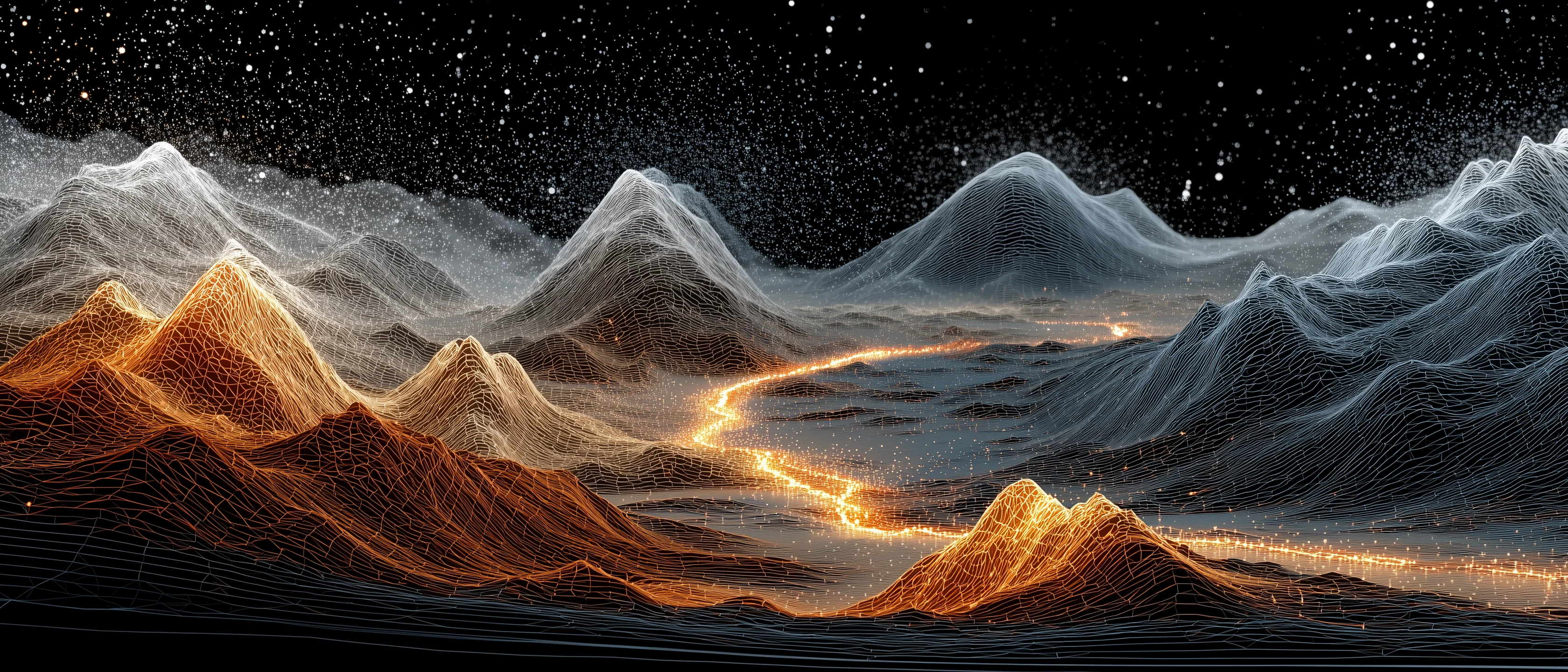 MainThread Studio — a luminous amber Golden Thread winds through a wireframe loss landscape toward the deepest valley, visualizing gradient descent through possibility space